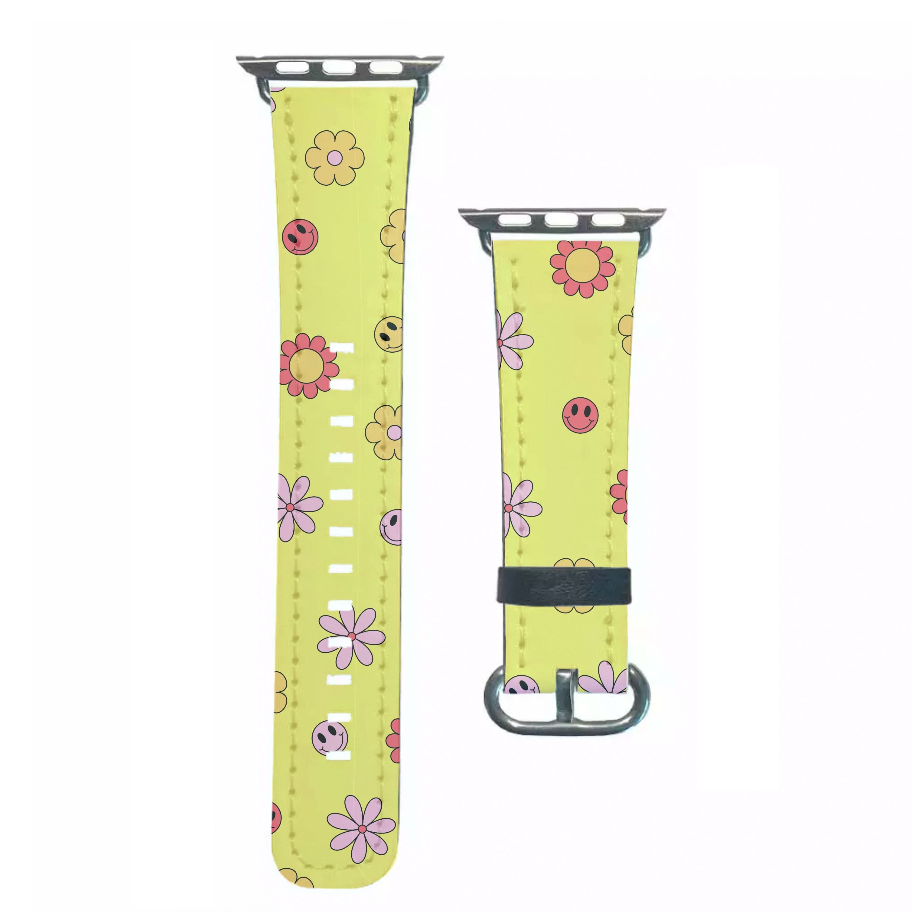 Retro Flowers And Smileys Pattern Apple Watch Strap