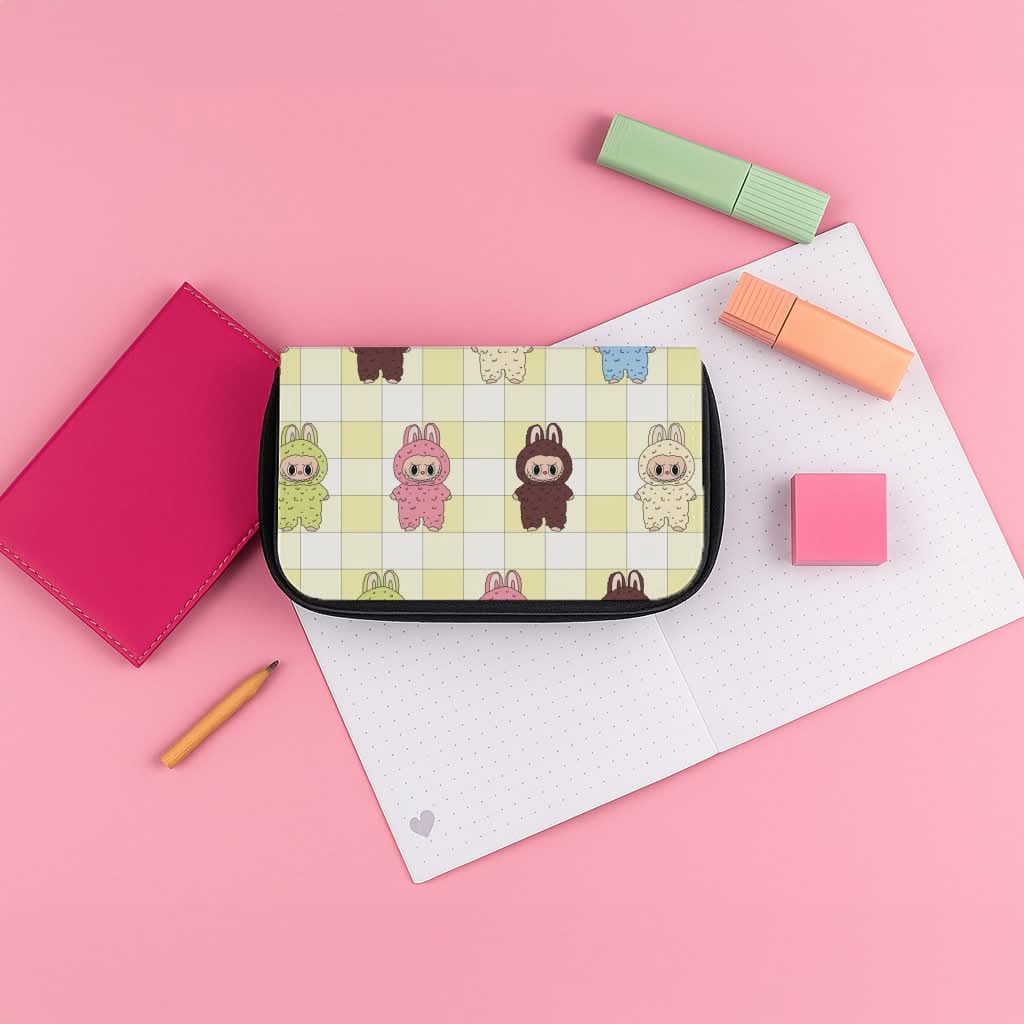 Cute Colourful Monsters Checkered Pattern Pencil Case