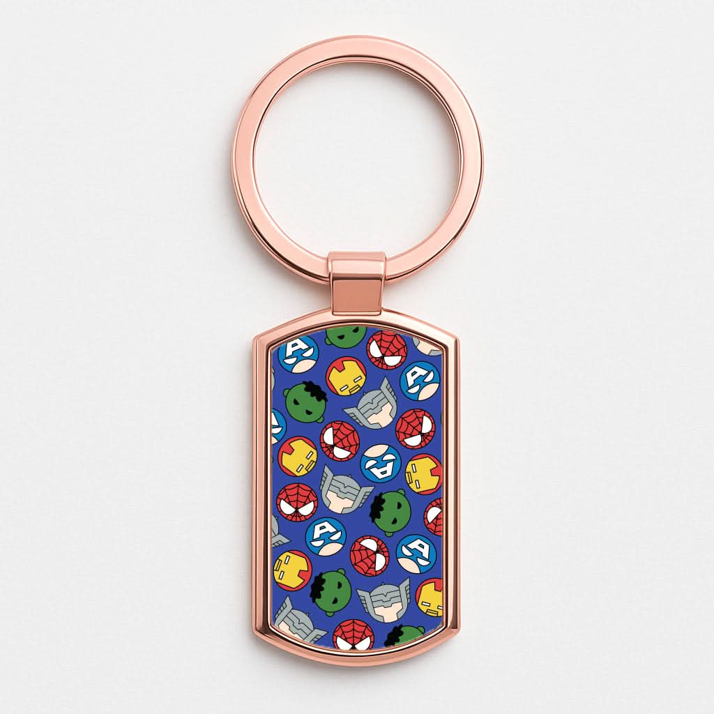 Cute Chibi Heroes Pattern Blue Rose Gold Keyring
