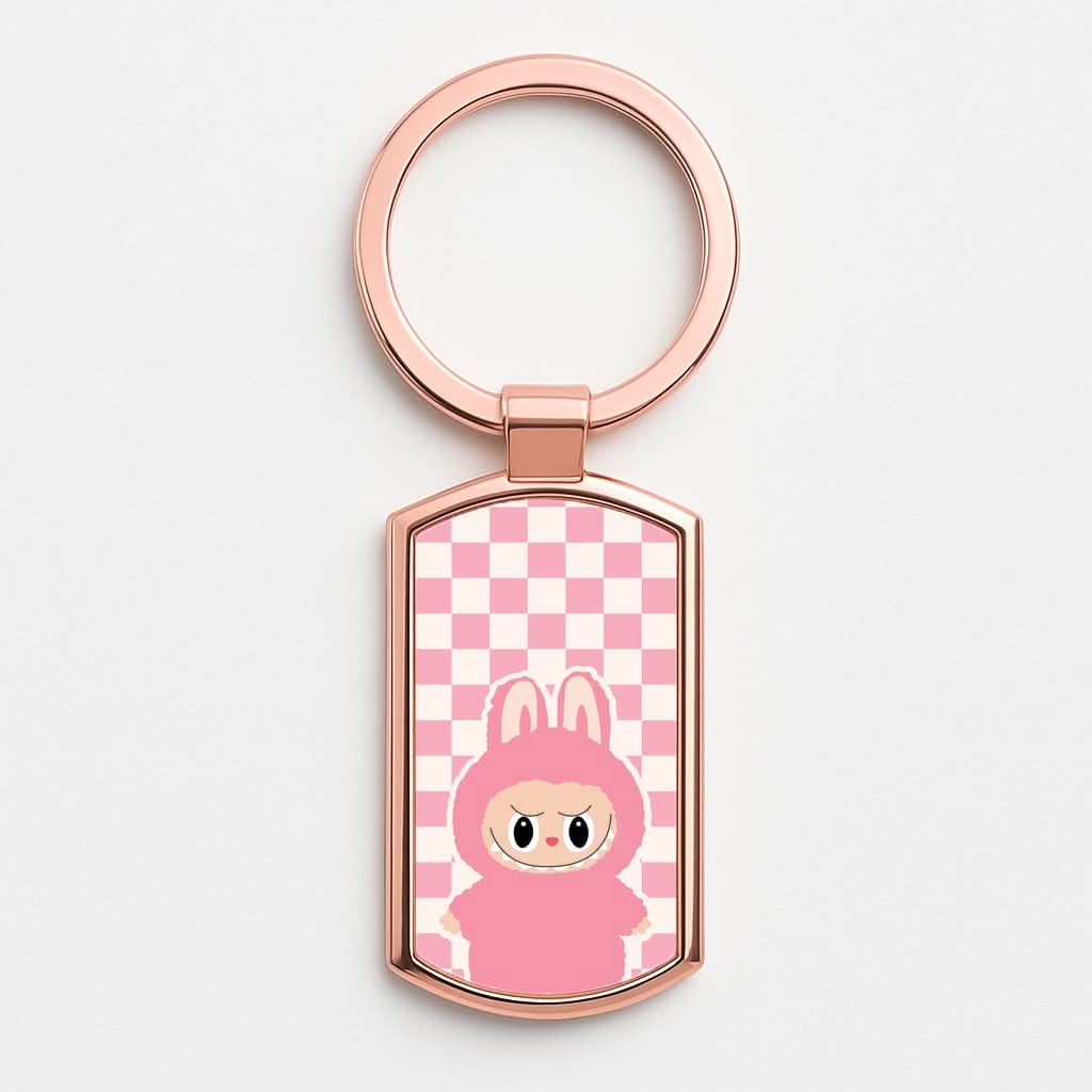 Checkered Cute Pink Monster Rose Gold Keyring