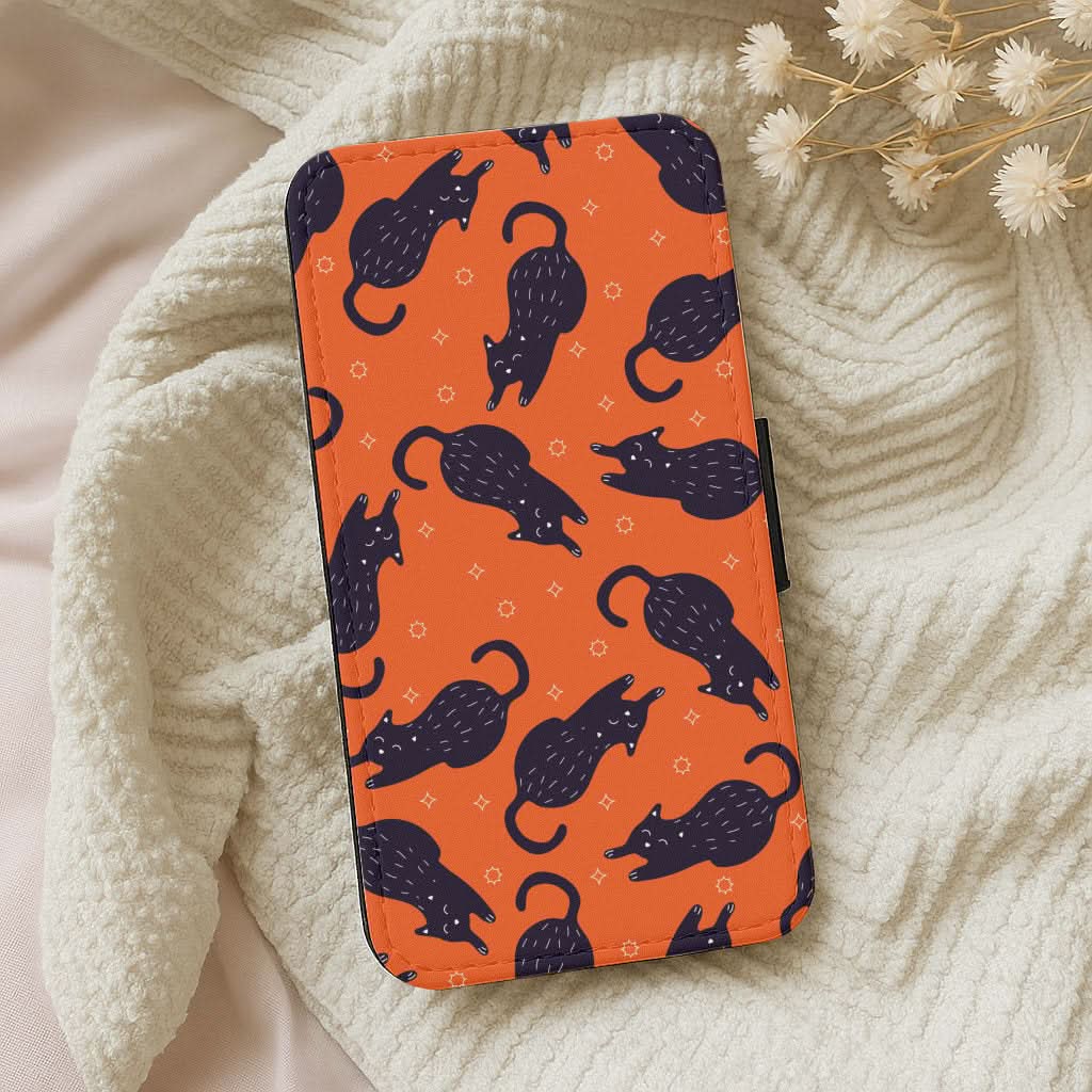 Black Cats And Stars Pattern Leather Phone Case