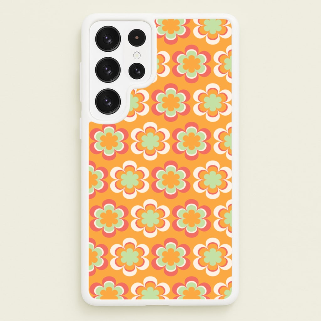 Orange Retro Flowers Pattern - Abstract Patterns Phone Case for Galaxy S22 Ultra