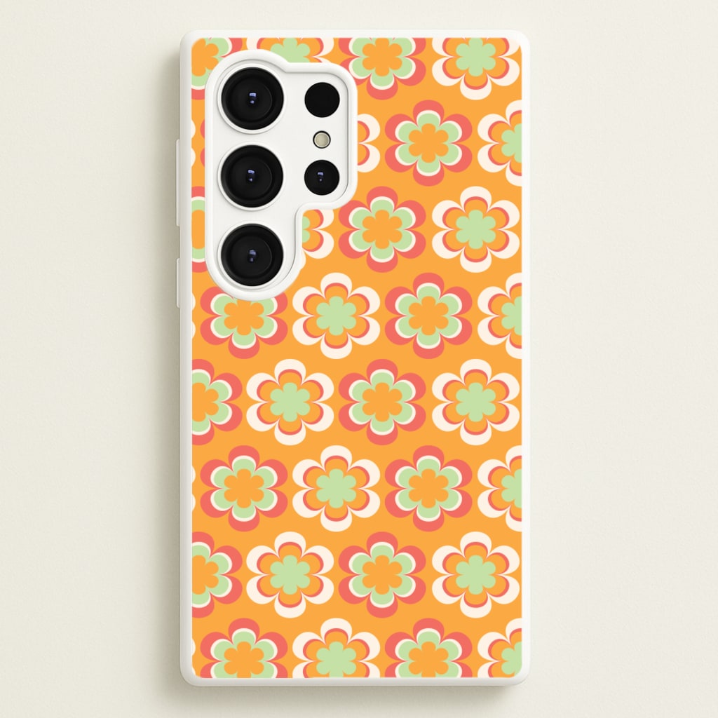 Orange Retro Flowers Pattern - Abstract Patterns Phone Case for Galaxy S25 Ultra