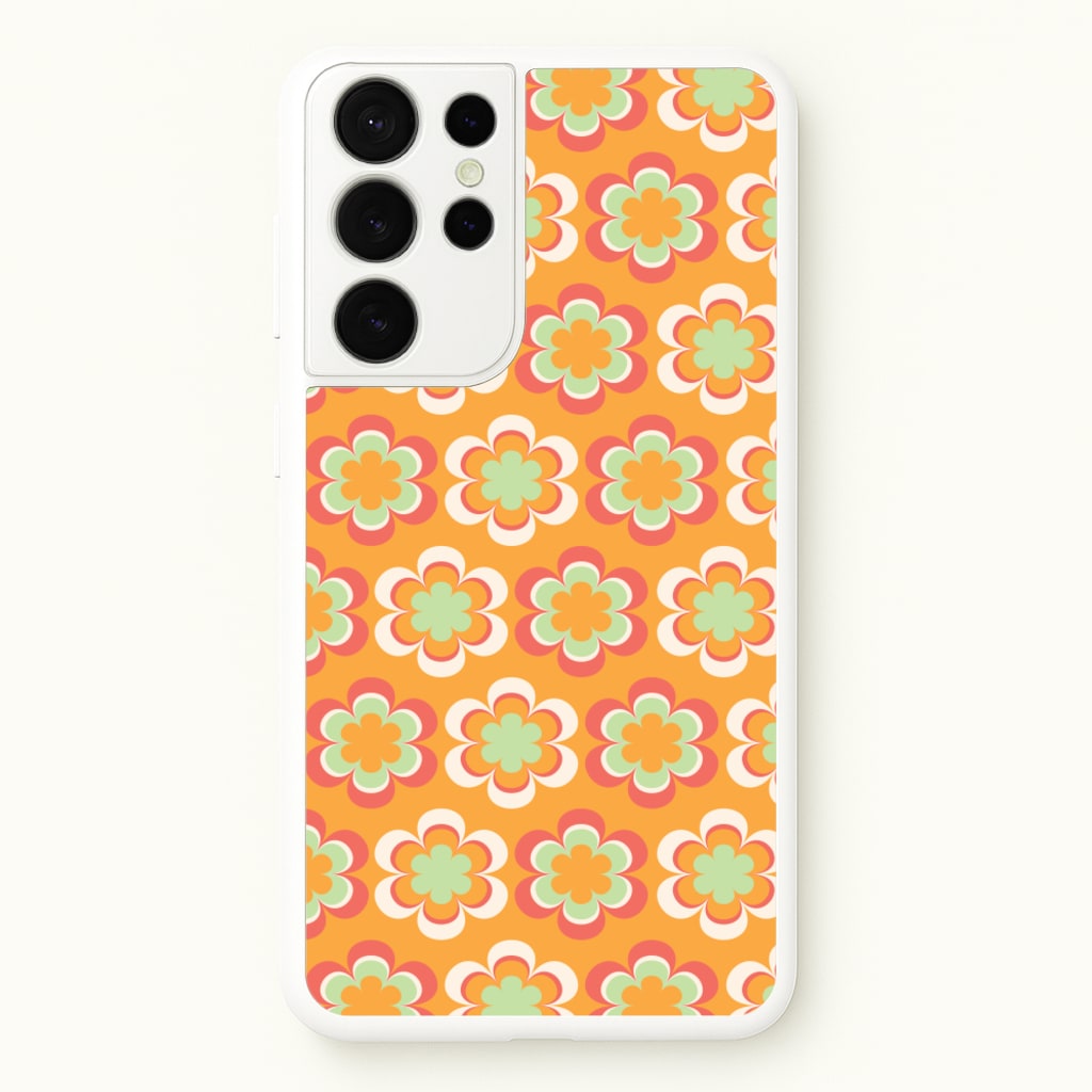 Orange Retro Flowers Pattern - Abstract Patterns Phone Case for Galaxy S21 Ultra