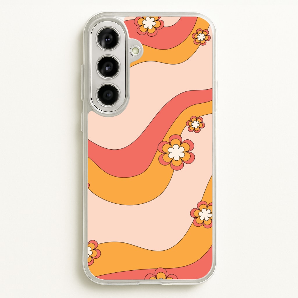 Waves And Flowers Orange Retro Pattern - Abstract Patterns Phone Case for Galaxy A56