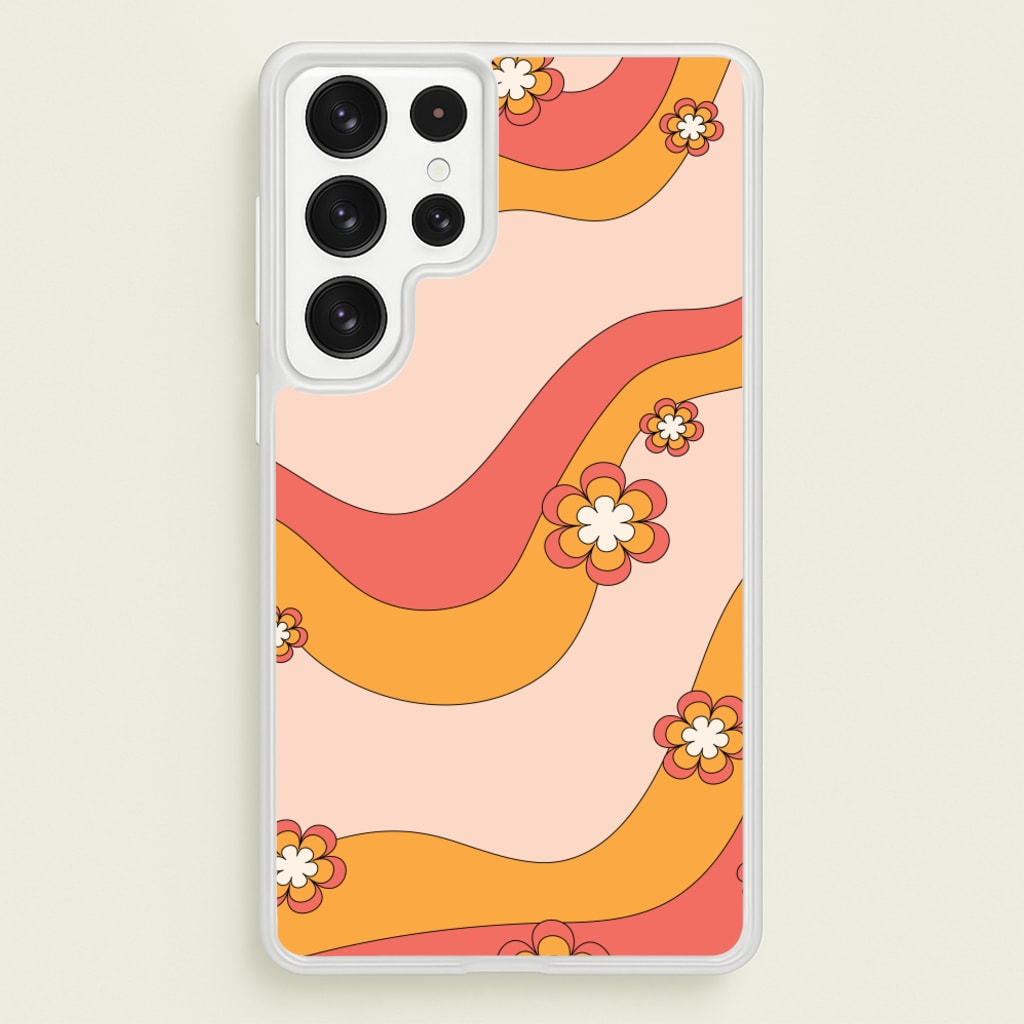 Waves And Flowers Orange Retro Pattern - Abstract Patterns Phone Case for Galaxy S22 Ultra