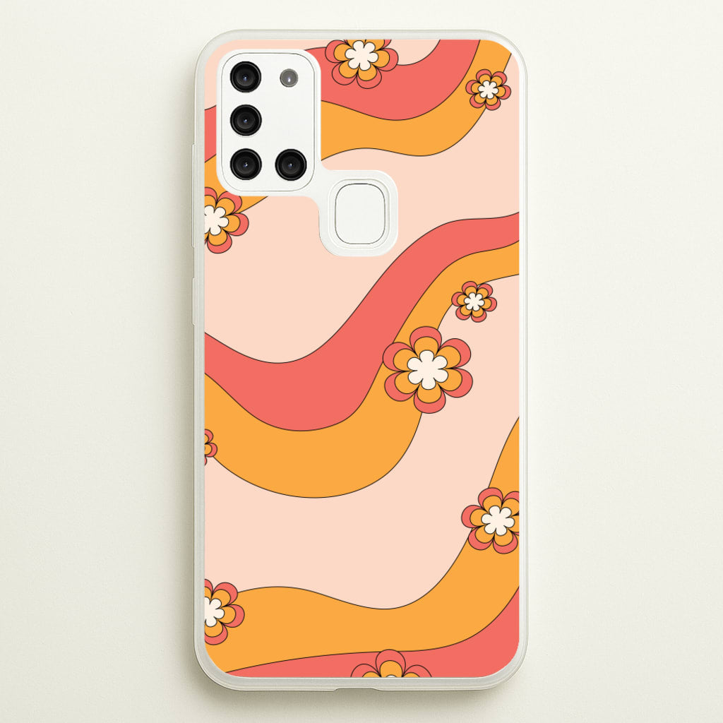 Waves And Flowers Orange Retro Pattern - Abstract Patterns Phone Case for Galaxy A21s