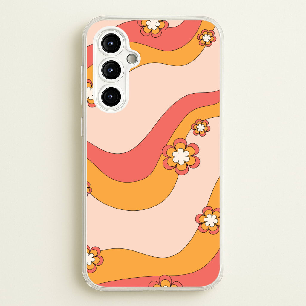Waves And Flowers Orange Retro Pattern - Abstract Patterns Phone Case for Galaxy A54