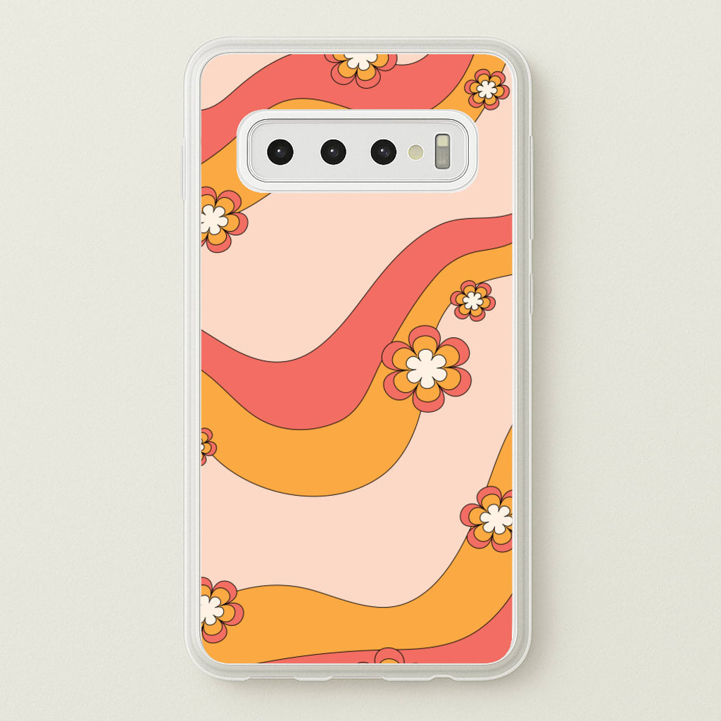 Waves And Flowers Orange Retro Pattern - Abstract Patterns Phone Case for Galaxy S10 Plus