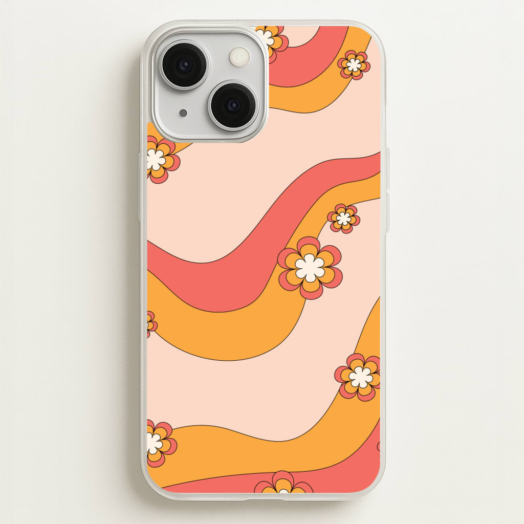Waves And Flowers Orange Retro Pattern - Abstract Patterns Phone Case for iPhone 13 Mini