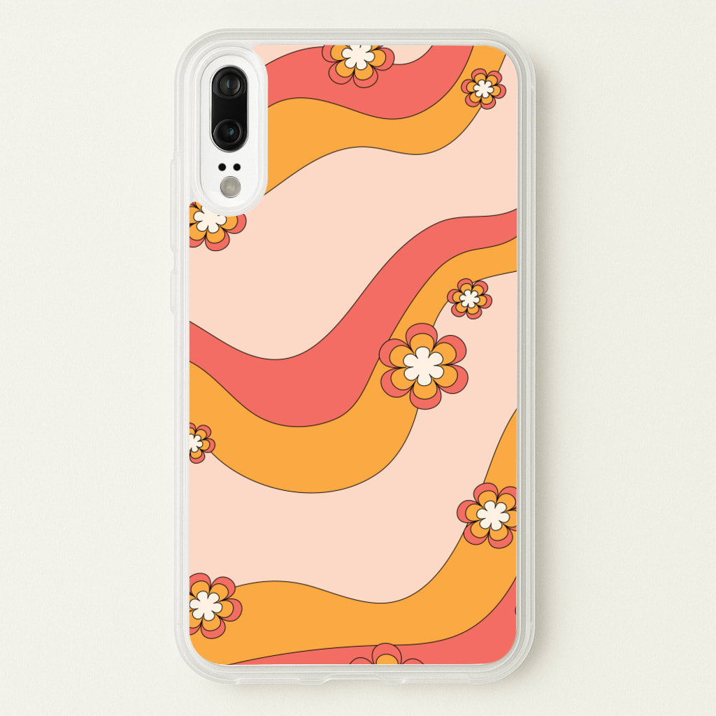 Waves And Flowers Orange Retro Pattern - Abstract Patterns Phone Case for Huawei P20
