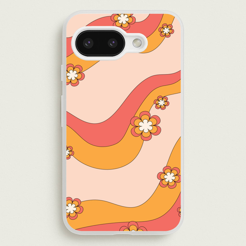 Waves And Flowers Orange Retro Pattern - Abstract Patterns Phone Case for Google Pixel 9a