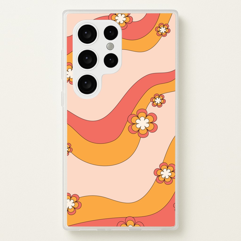 Waves And Flowers Orange Retro Pattern - Abstract Patterns Phone Case for Galaxy S24 Ultra