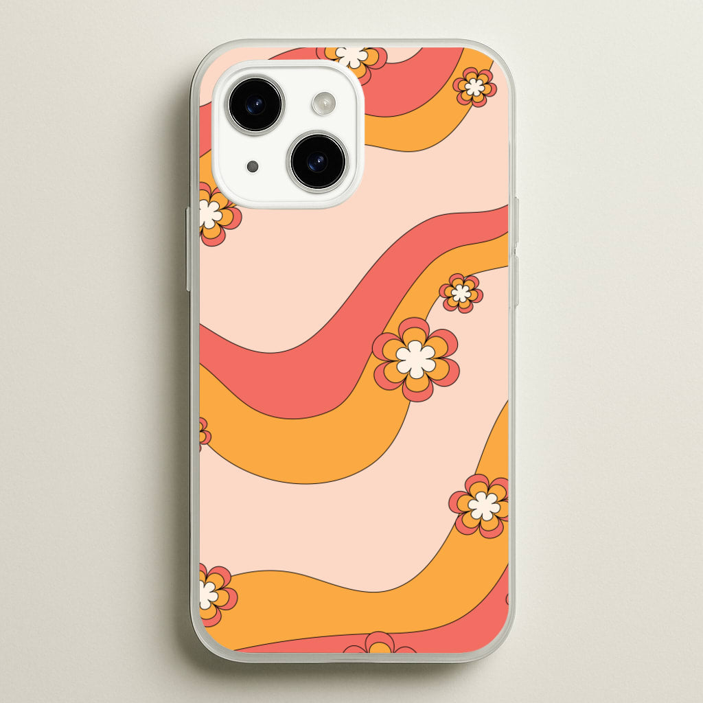 Waves And Flowers Orange Retro Pattern - Abstract Patterns Phone Case for iPhone 14