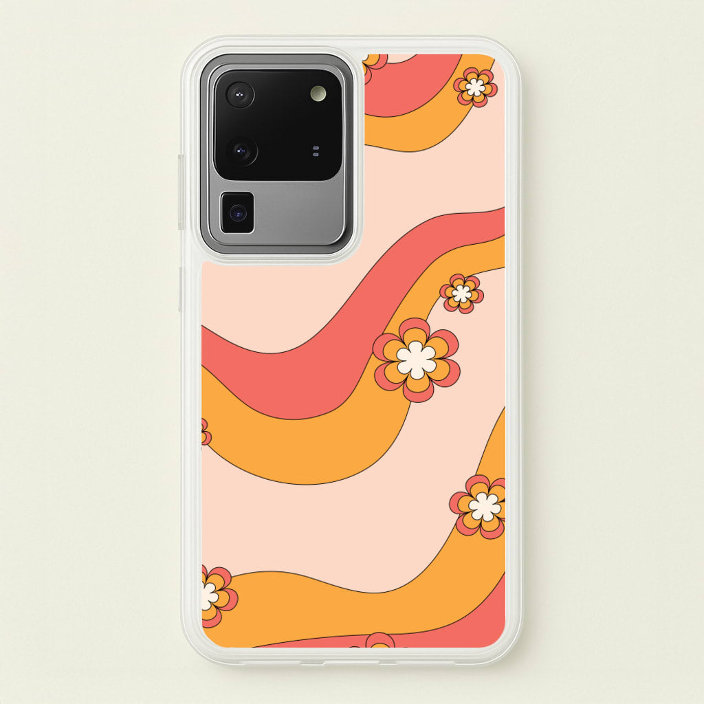 Waves And Flowers Orange Retro Pattern - Abstract Patterns Phone Case for Galaxy S20 Ultra