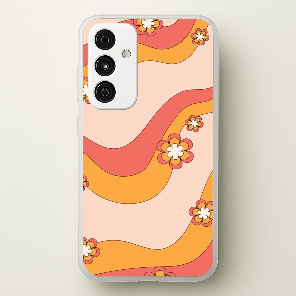 Waves And Flowers Orange Retro Pattern - Abstract Patterns Phone Case for Galaxy A15