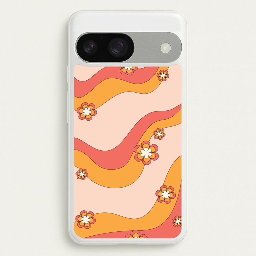 Waves And Flowers Orange Retro Pattern - Abstract Patterns Phone Case for Google Pixel 9 / 9 Pro