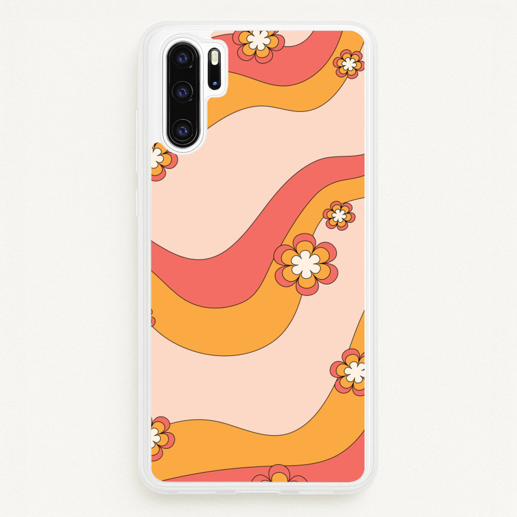 Waves And Flowers Orange Retro Pattern - Abstract Patterns Phone Case for Huawei P30 Pro