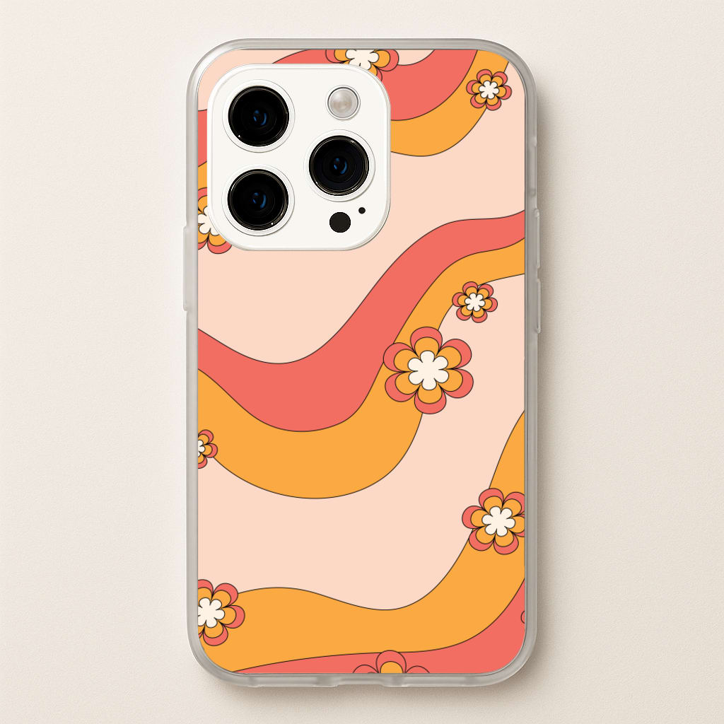 Waves And Flowers Orange Retro Pattern - Abstract Patterns Phone Case for iPhone 15 Pro Max