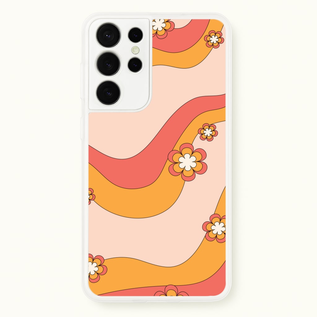 Waves And Flowers Orange Retro Pattern - Abstract Patterns Phone Case for Galaxy S21 Ultra