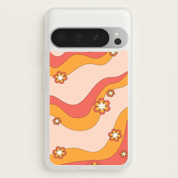 Waves And Flowers Orange Retro Pattern - Abstract Patterns Phone Case for Google Pixel 9 Pro XL