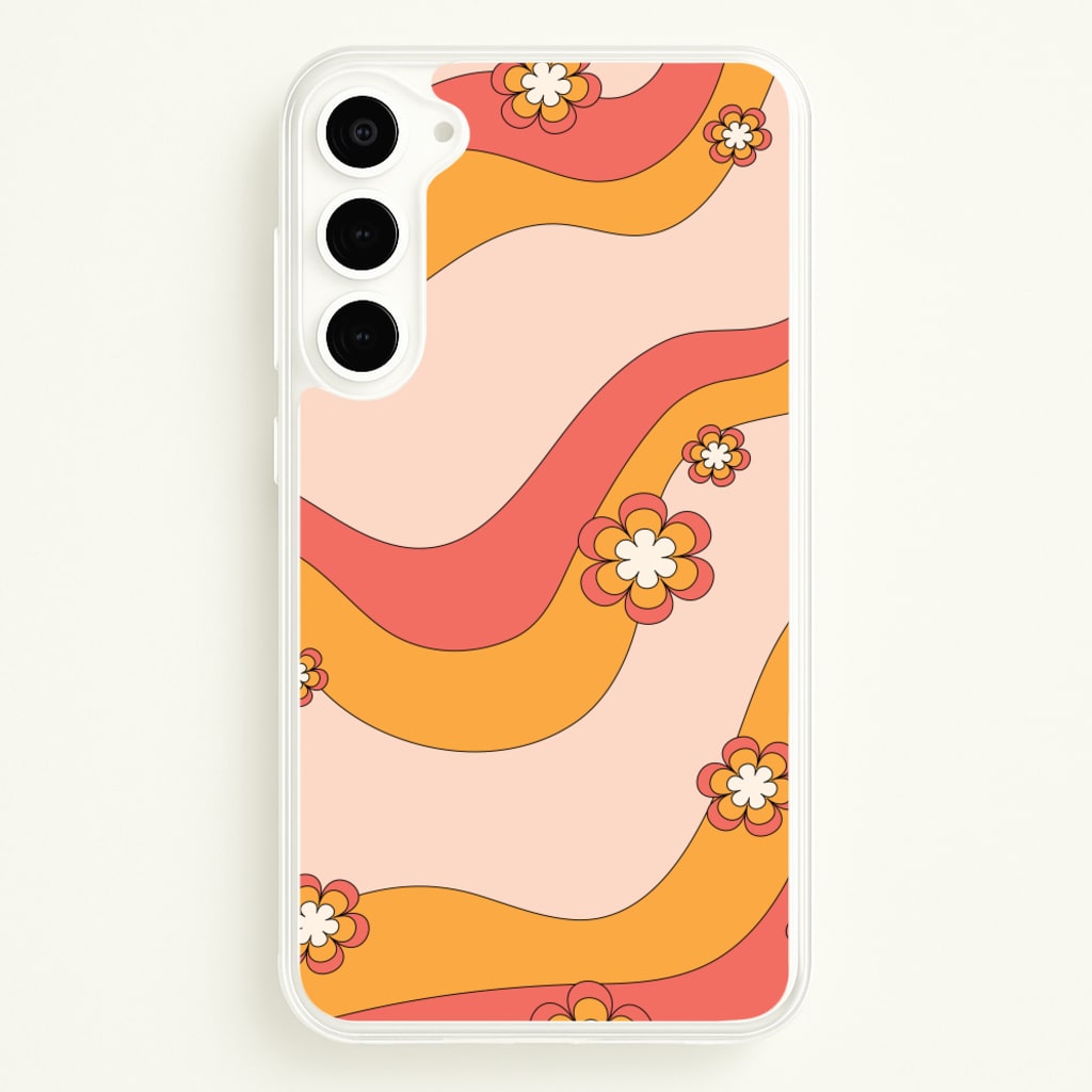 Waves And Flowers Orange Retro Pattern - Abstract Patterns Phone Case for Galaxy S23