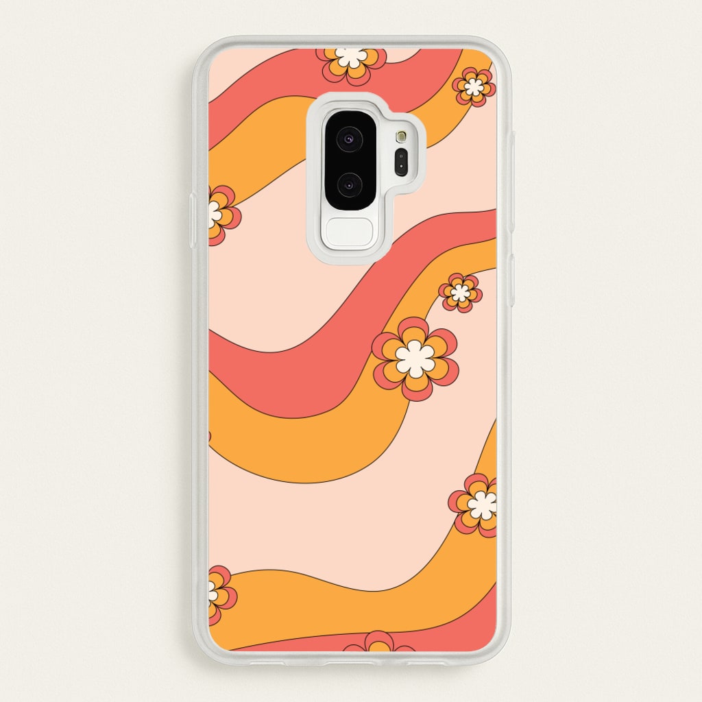 Waves And Flowers Orange Retro Pattern - Abstract Patterns Phone Case for Galaxy S9 Plus