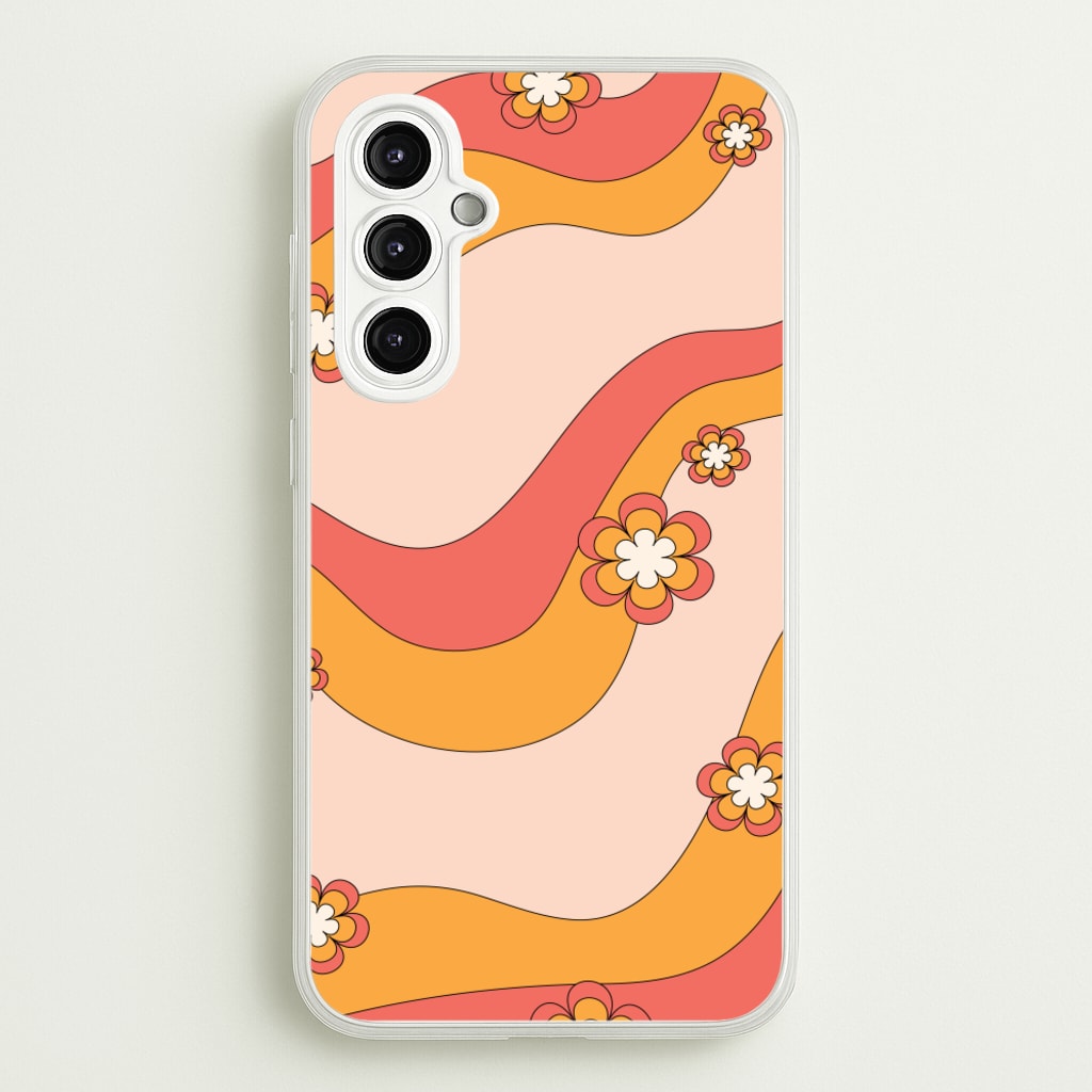 Waves And Flowers Orange Retro Pattern - Abstract Patterns Phone Case for Galaxy A14
