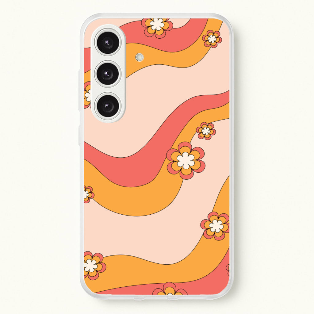 Waves And Flowers Orange Retro Pattern - Abstract Patterns Phone Case for Galaxy S25 Plus