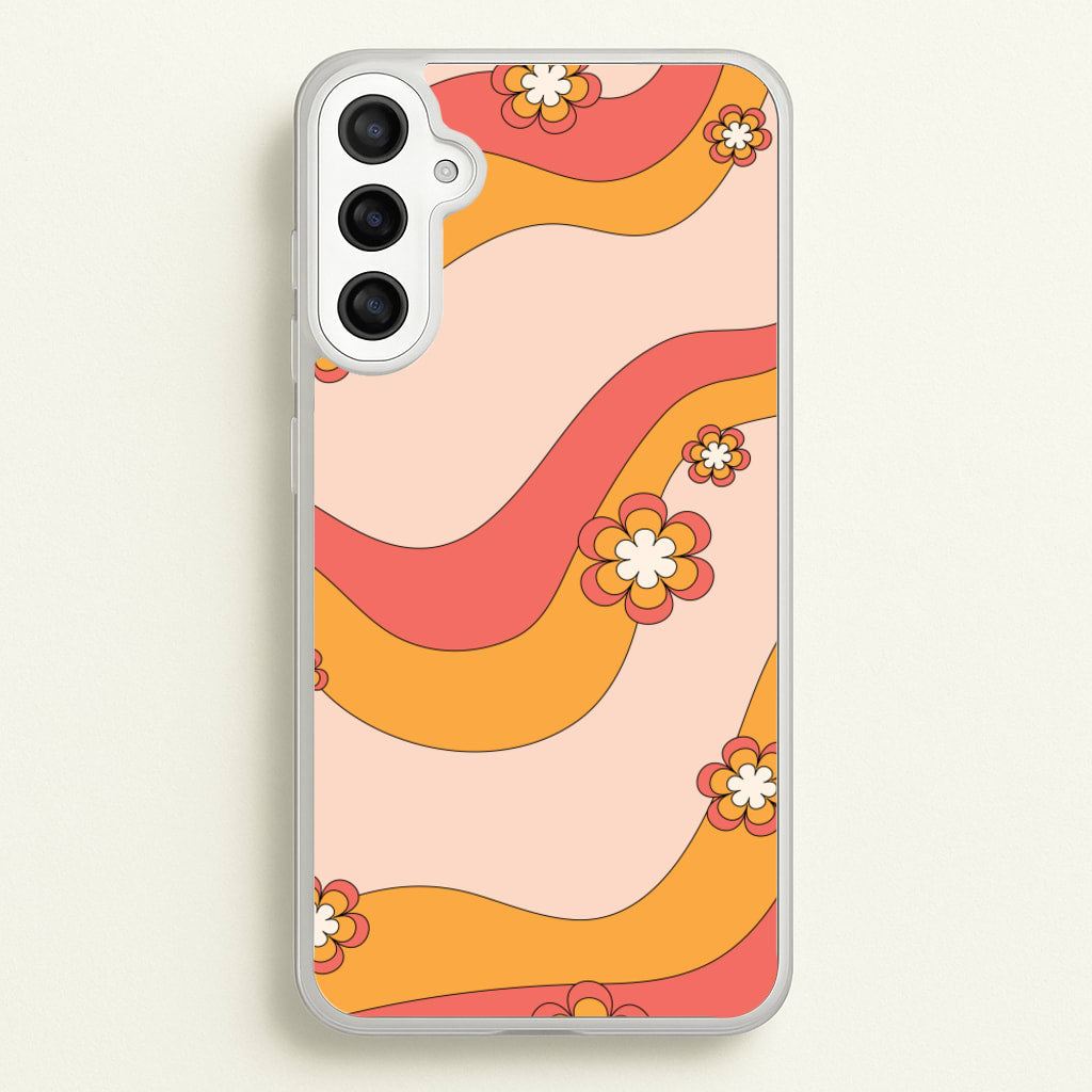 Waves And Flowers Orange Retro Pattern - Abstract Patterns Phone Case for Galaxy A36