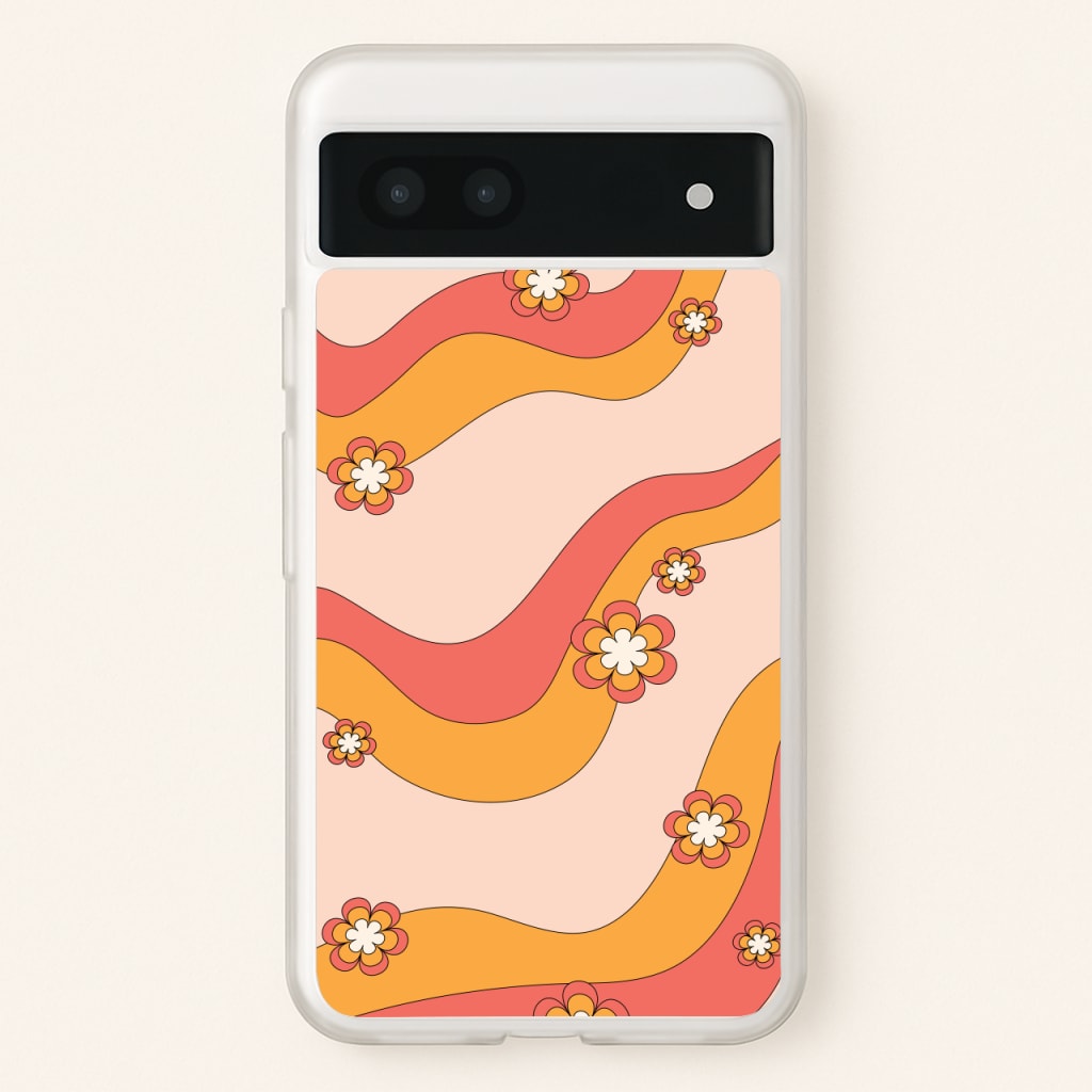 Waves And Flowers Orange Retro Pattern - Abstract Patterns Phone Case for Google Pixel 7a