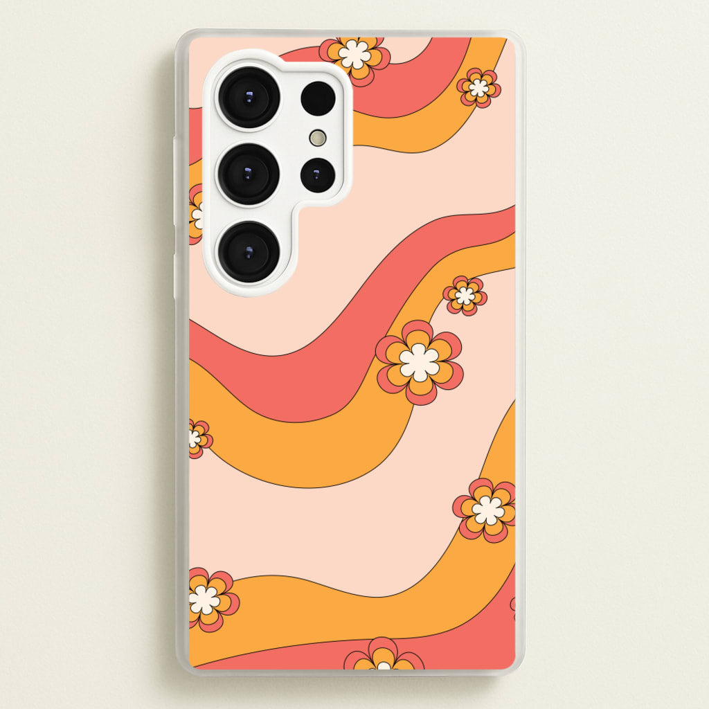 Waves And Flowers Orange Retro Pattern - Abstract Patterns Phone Case for Galaxy S25 Ultra