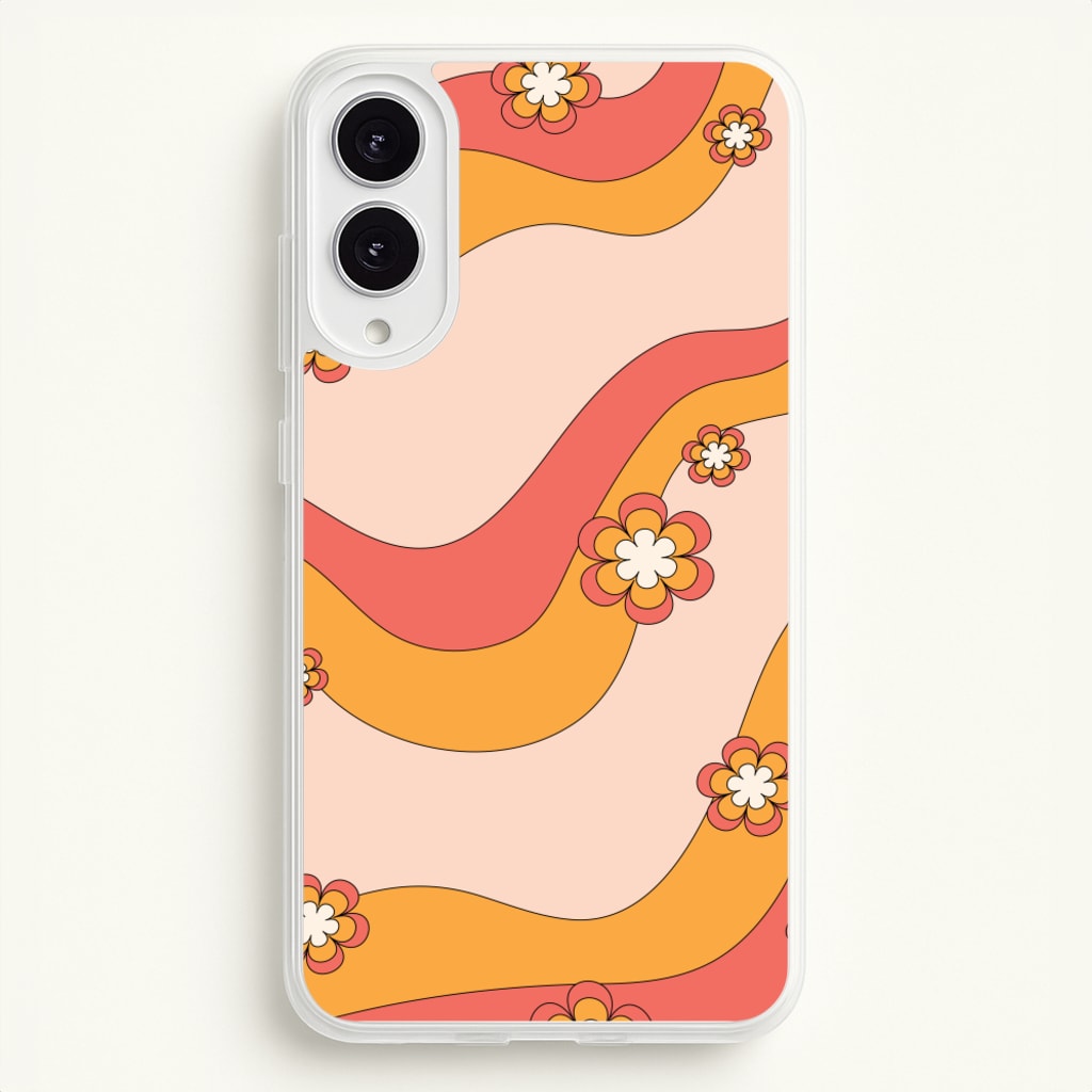 Waves And Flowers Orange Retro Pattern - Abstract Patterns Phone Case for Galaxy S25 Edge