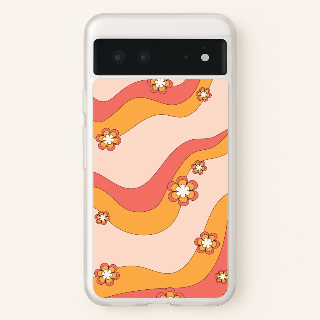 Waves And Flowers Orange Retro Pattern - Abstract Patterns Phone Case for Google Pixel 6