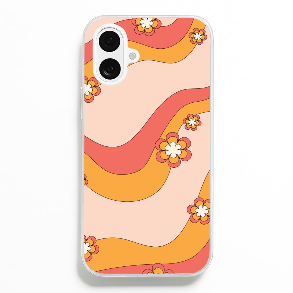 Waves And Flowers Orange Retro Pattern - Abstract Patterns Phone Case for iPhone 16 Plus