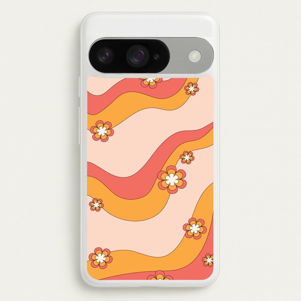Waves And Flowers Orange Retro Pattern Phone Case for Google Pixel 10 / 10 Pro