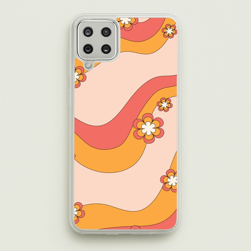 Waves And Flowers Orange Retro Pattern - Abstract Patterns Phone Case for Galaxy A12