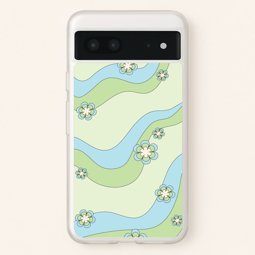 Waves And Flowers Green Retro Pattern - Abstract Patterns Phone Case for Google Pixel 7