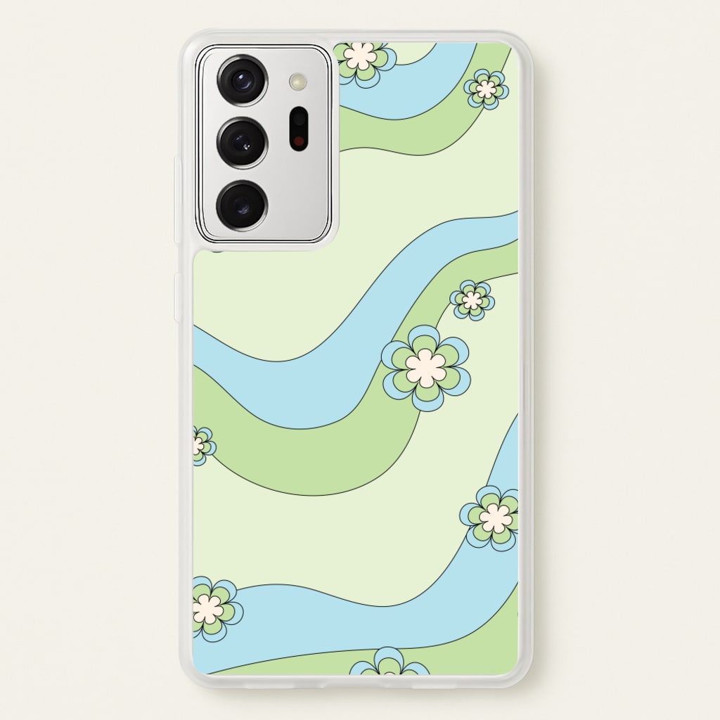 Waves And Flowers Green Retro Pattern - Abstract Patterns Phone Case for Galaxy Note 20 Ultra