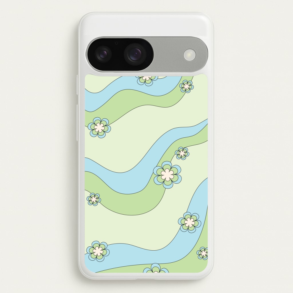 Waves And Flowers Green Retro Pattern - Abstract Patterns Phone Case for Google Pixel 9 / 9 Pro