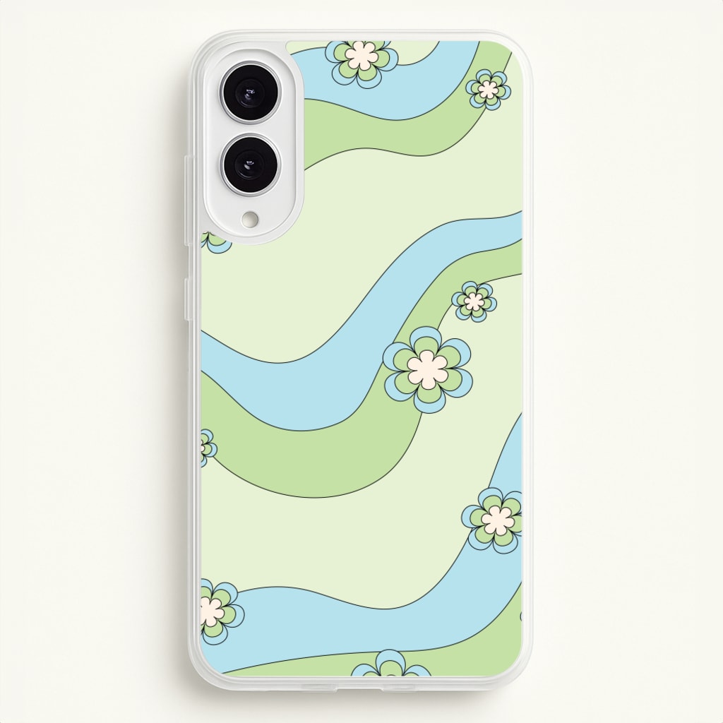 Waves And Flowers Green Retro Pattern - Abstract Patterns Phone Case for Galaxy S25 Edge