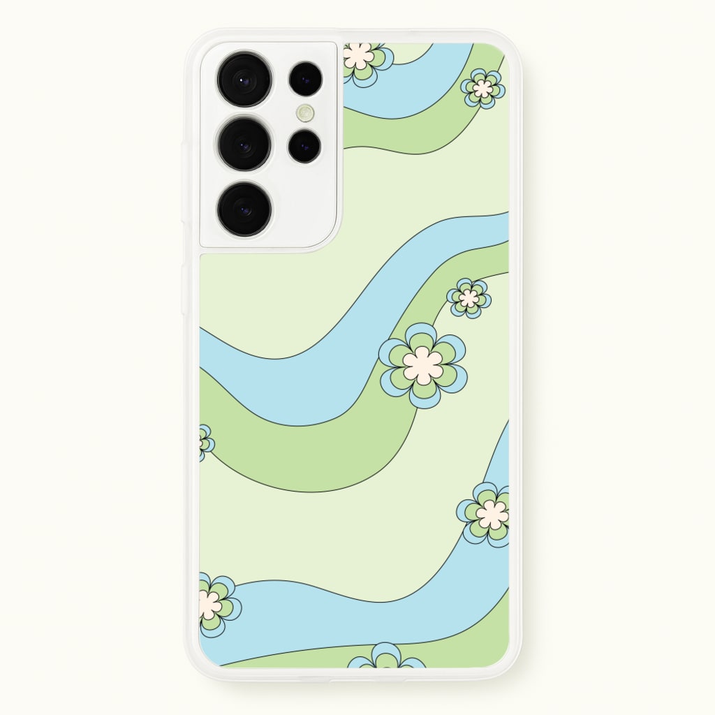 Waves And Flowers Green Retro Pattern - Abstract Patterns Phone Case for Galaxy S21 Ultra