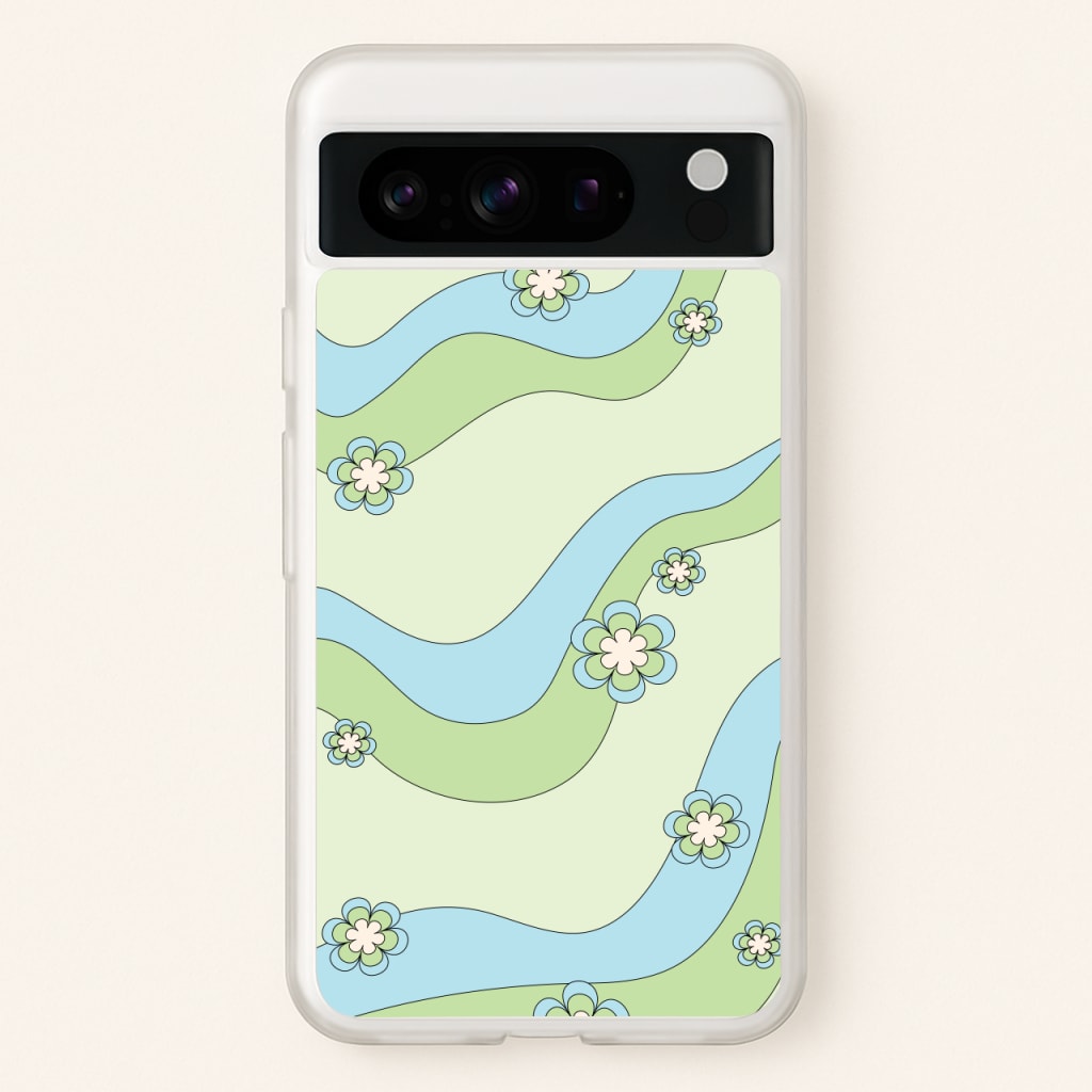 Waves And Flowers Green Retro Pattern - Abstract Patterns Phone Case for Google Pixel 8 Pro