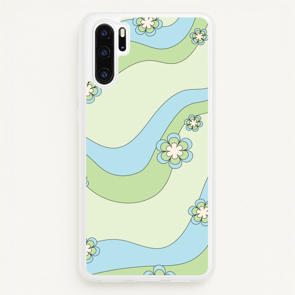 Waves And Flowers Green Retro Pattern - Abstract Patterns Phone Case for Huawei P30 Pro