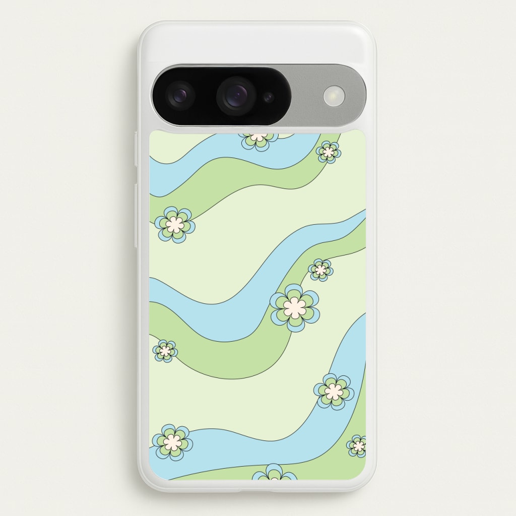 Waves And Flowers Green Retro Pattern Phone Case for Google Pixel 10 / 10 Pro