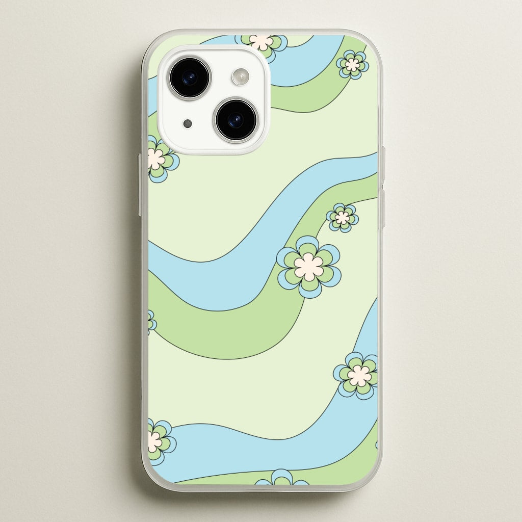Waves And Flowers Green Retro Pattern - Abstract Patterns Phone Case for iPhone 14 Plus