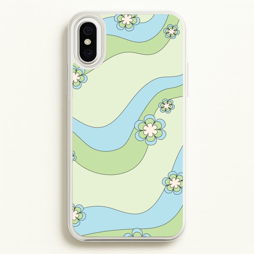 Waves And Flowers Green Retro Pattern - Abstract Patterns Phone Case for iPhone XS Max