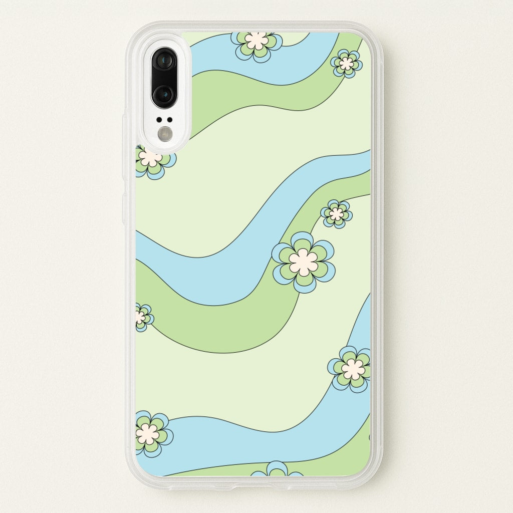 Waves And Flowers Green Retro Pattern - Abstract Patterns Phone Case for Huawei P20