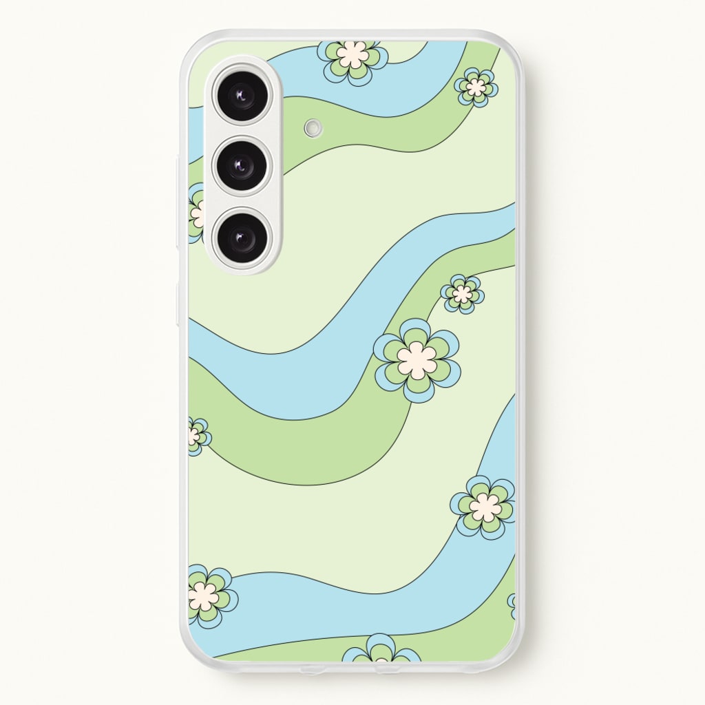 Waves And Flowers Green Retro Pattern - Abstract Patterns Phone Case for Galaxy S25 Plus