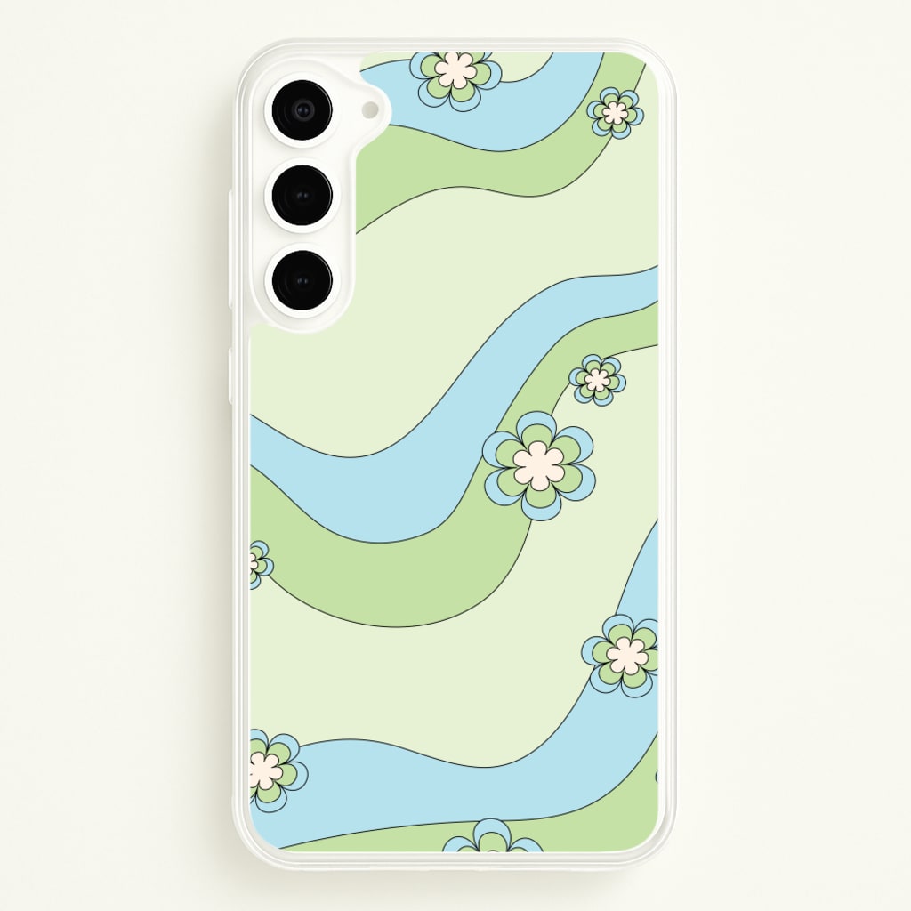 Waves And Flowers Green Retro Pattern - Abstract Patterns Phone Case for Galaxy S23 Plus